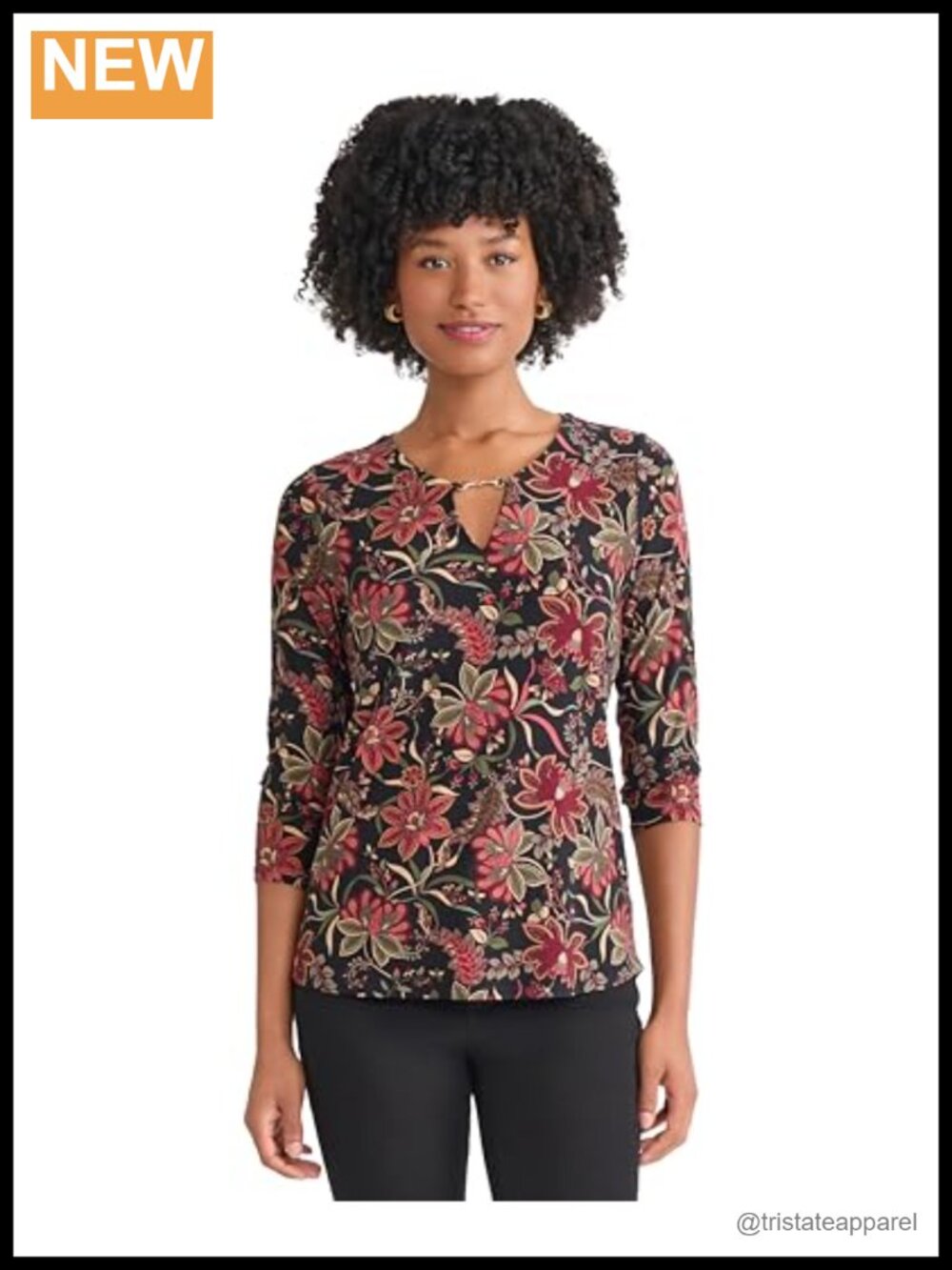JNY 3/4 Sleeve V-Neck Printed Top Floral Blouse Office Casual Lightweight